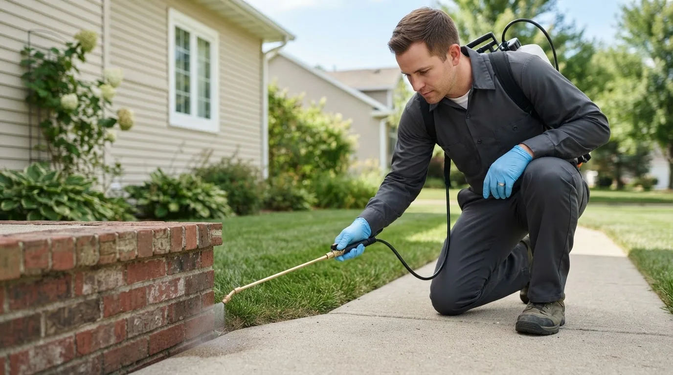 Pest control technician treating a home near Hillsboro, OH