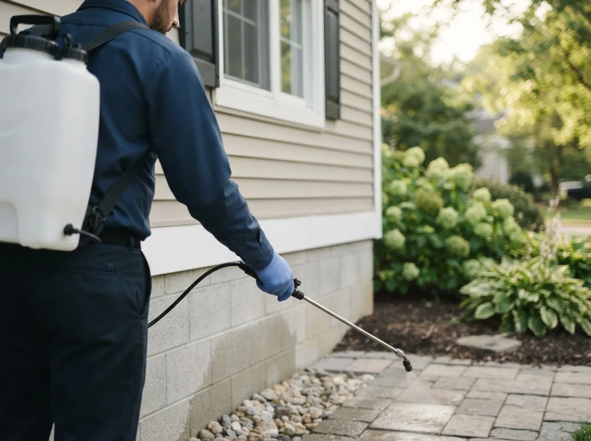 Pest control technician inspecting a home in Hillsboro, OH
